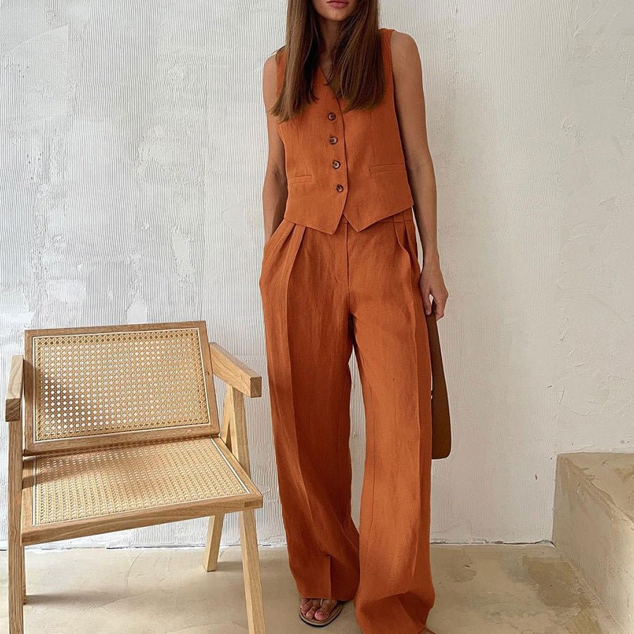 Women Set Sleeveless Cardigan Wide Leg Trousers Fit - Evergreen Outfits - Women Set