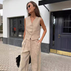 Women Set Sleeveless Cardigan Wide Leg Trousers Fit - Evergreen Outfits - Women Set