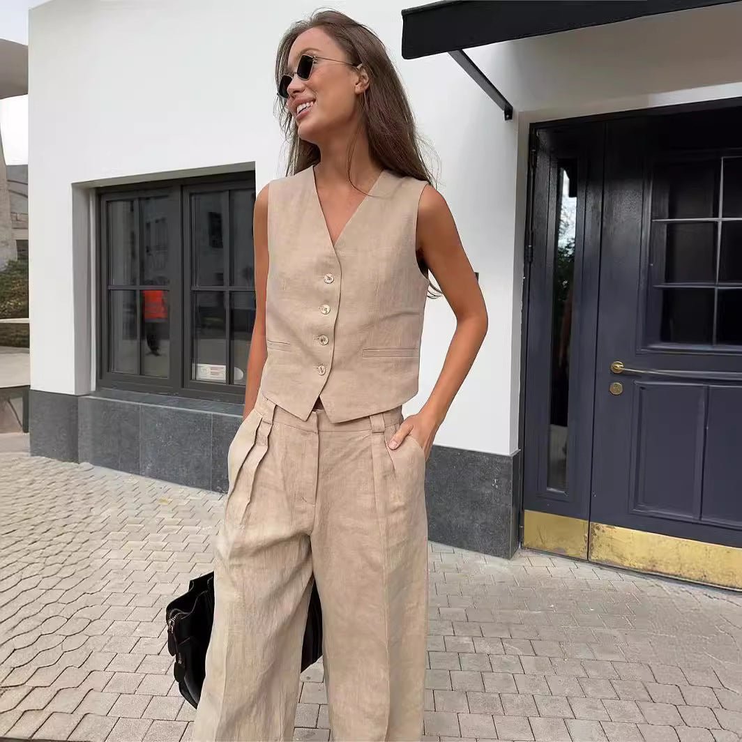 Women Set Sleeveless Cardigan Wide Leg Trousers Fit - Evergreen Outfits - Women Set