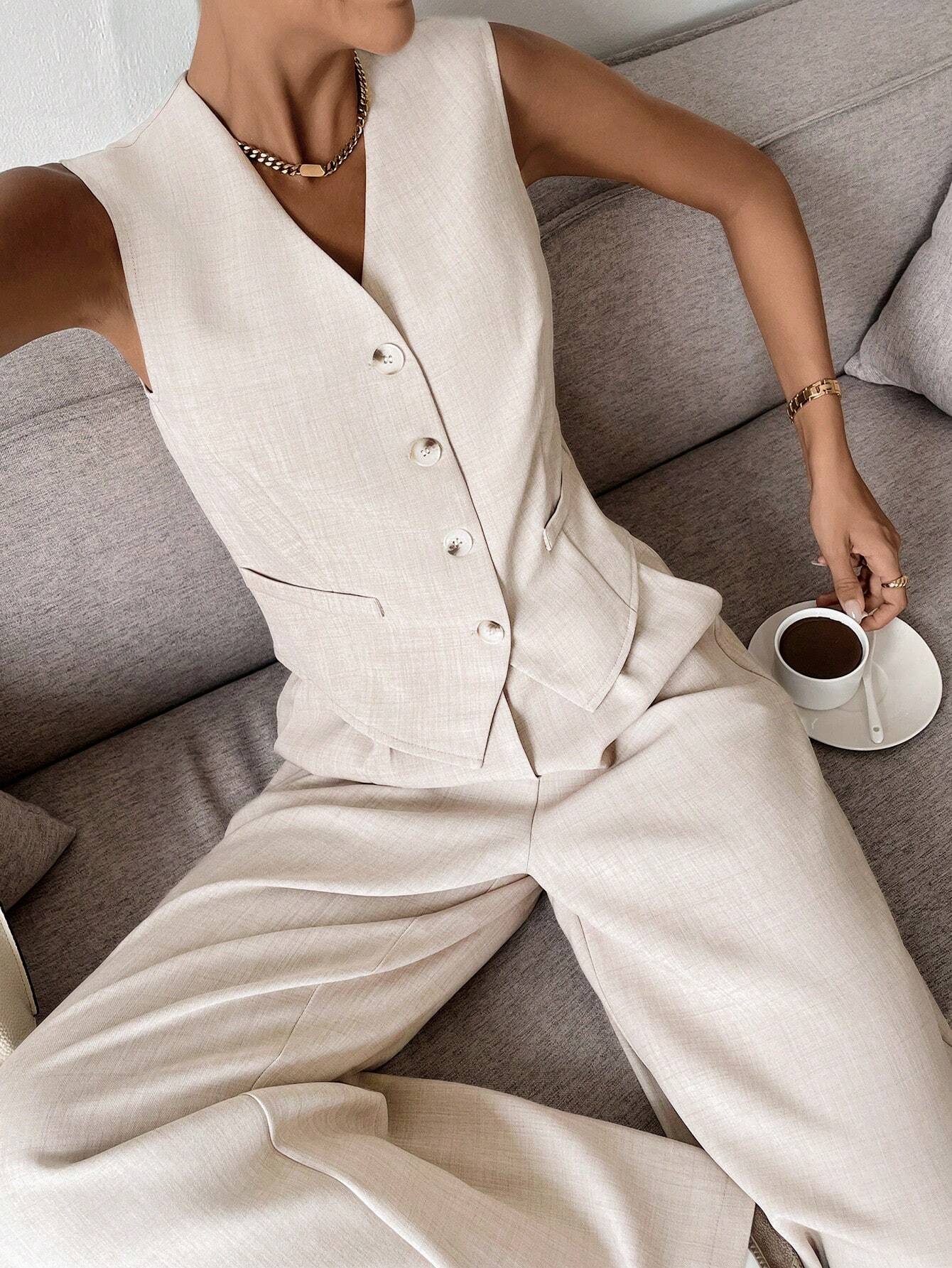 Women Set Sleeveless Cardigan Wide Leg Trousers Fit - Evergreen Outfits - Women Set
