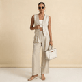 Women Set Sleeveless Cardigan Wide Leg Trousers Fit - Evergreen Outfits - Women Set
