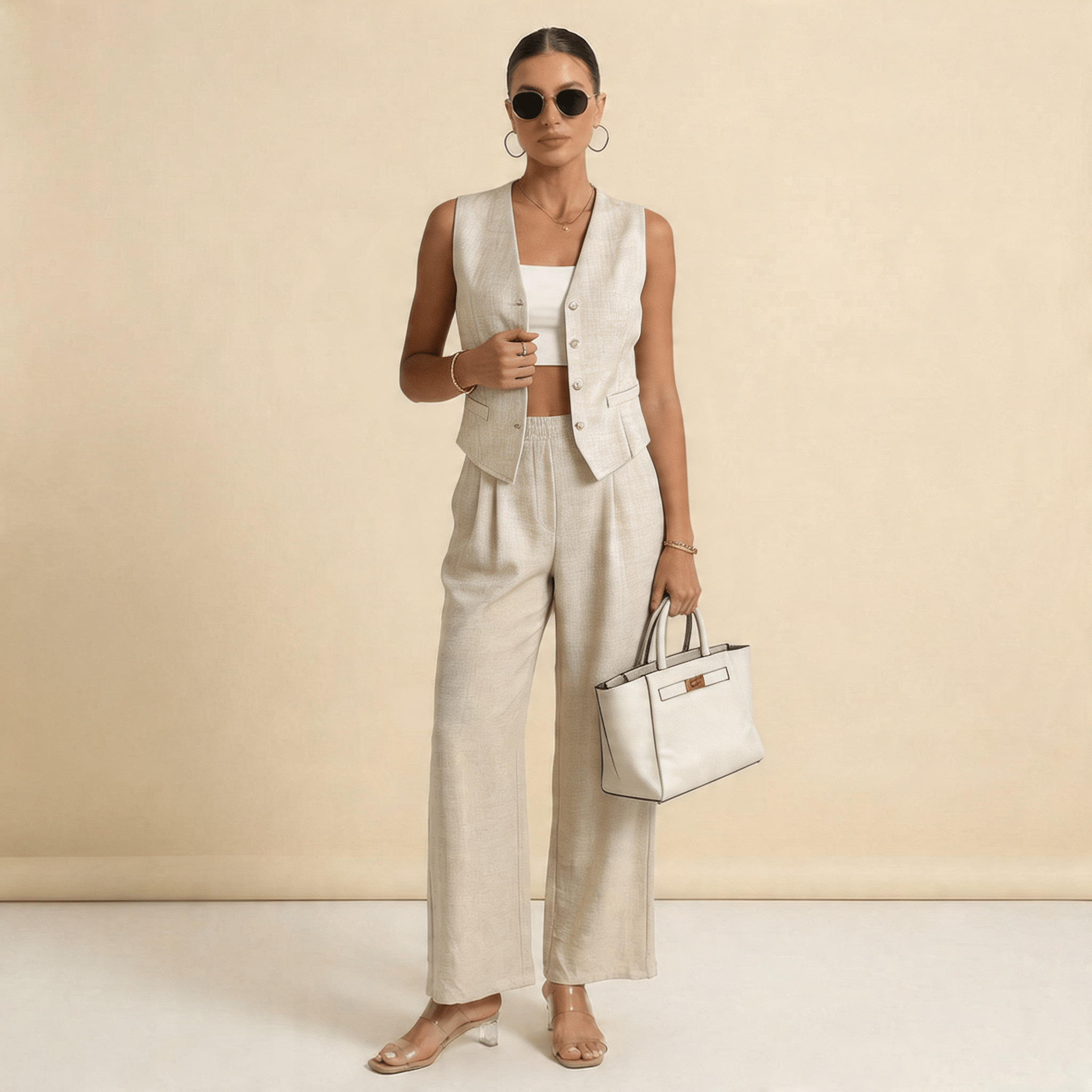 Women Set Sleeveless Cardigan Wide Leg Trousers Fit - Evergreen Outfits - Women Set
