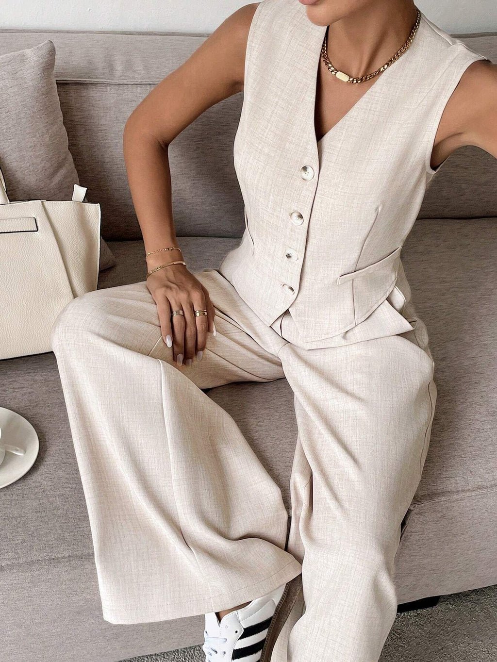 Women Set Sleeveless Cardigan Wide Leg Trousers Fit - Evergreen Outfits - Women Set