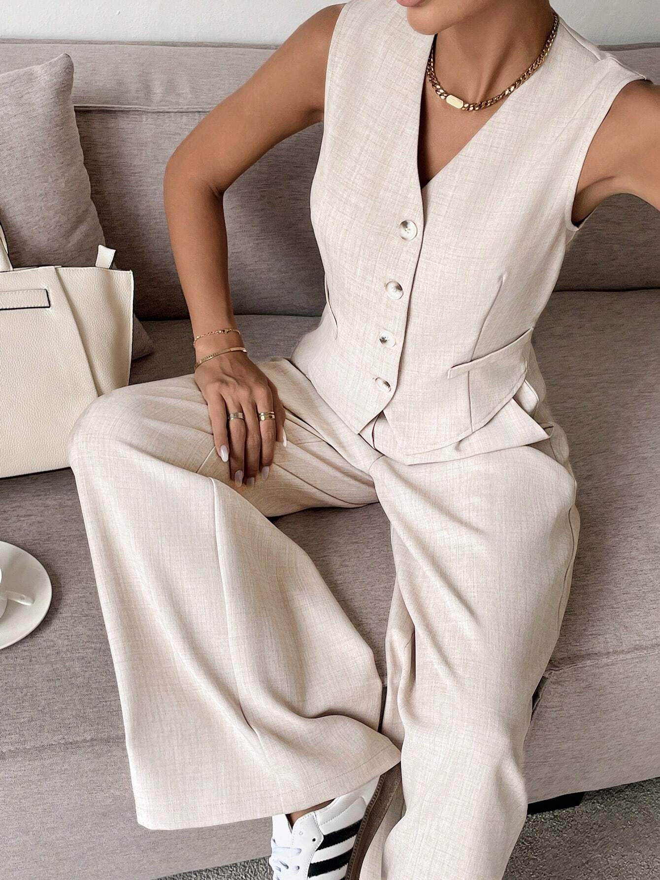 Women Set Sleeveless Cardigan Wide Leg Trousers Fit - Evergreen Outfits - Women Set