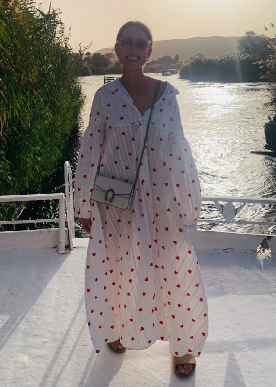 Women Shirt Dress Oversized Maxi Length Balloon Sleeve - Evergreen Outfits - Women Maxi Dress