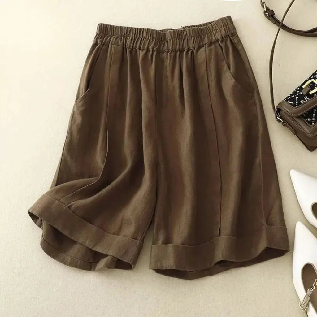 Women Shorts Cotton Linen Elastic Waist Loose Fit Design - Evergreen Outfits - Women Short