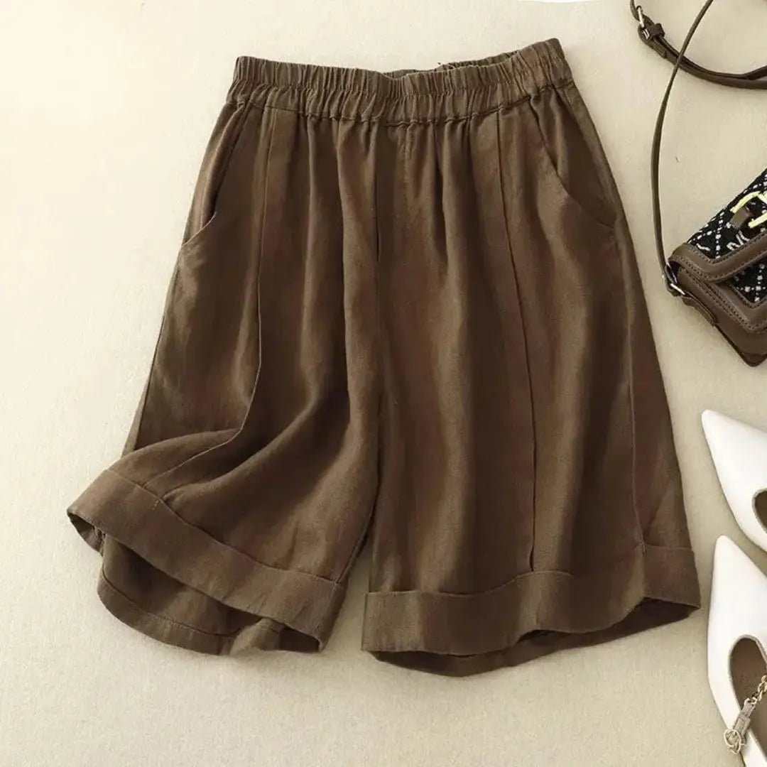 Women Shorts Cotton Linen Elastic Waist Loose Fit Design - Evergreen Outfits - Women Short