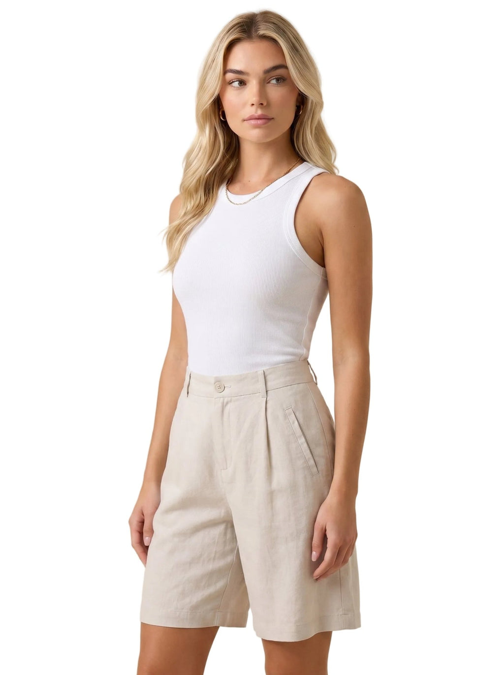 Women Shorts Knee Length Linen Blend Relaxed Plain Fit - Evergreen Outfits - Women Shorts