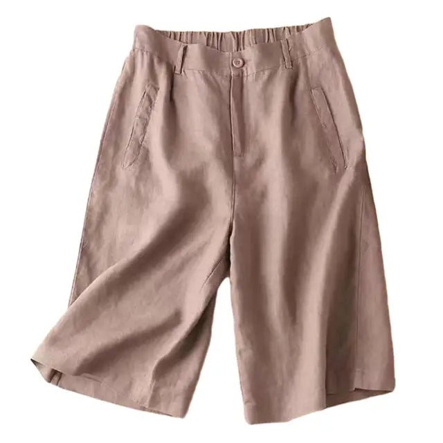 Women Shorts Knee Length Linen Blend Relaxed Plain Fit - Evergreen Outfits - Women Shorts