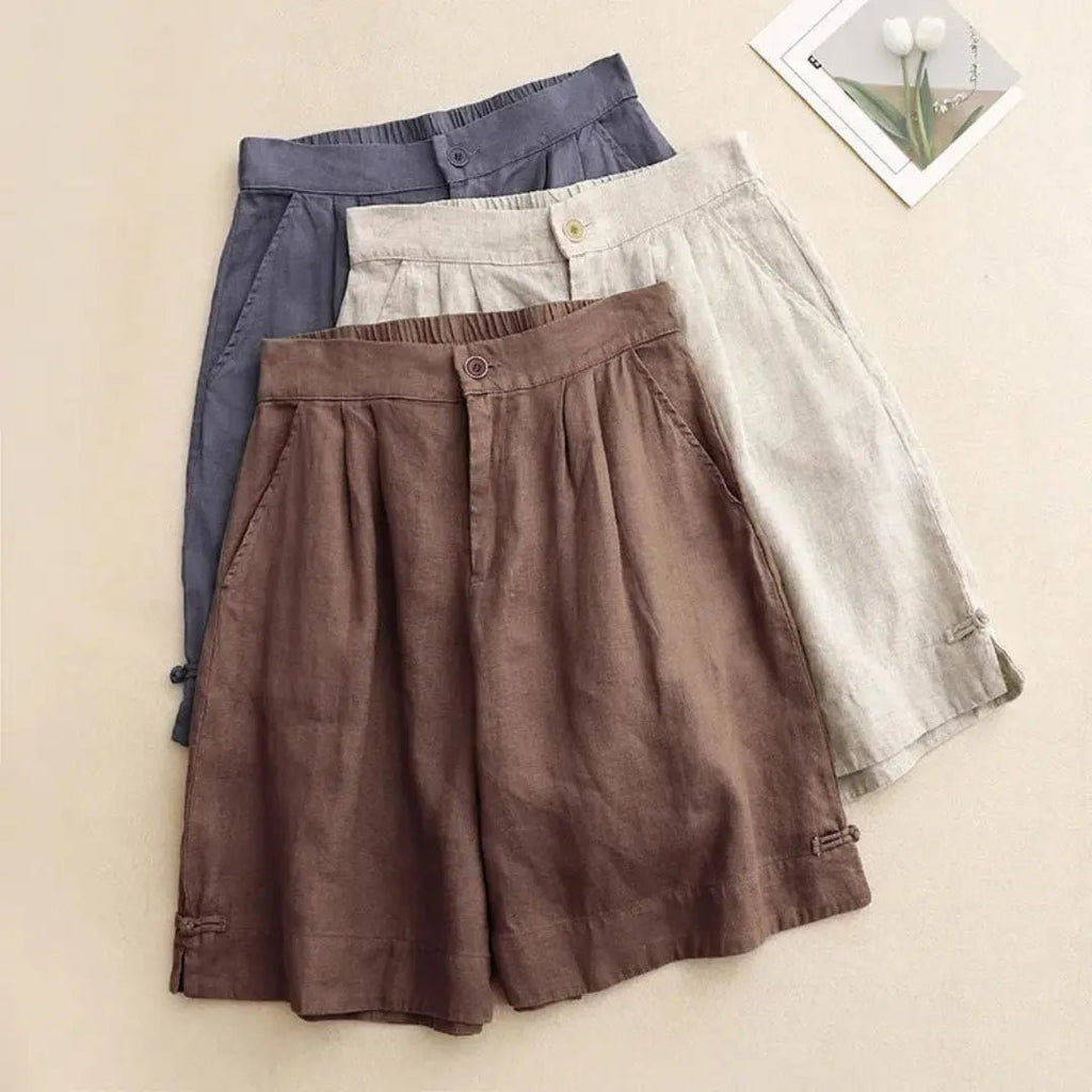 Women Shorts Linen High Waist Button Closure Loose Fit - Evergreen Outfits - Women Short