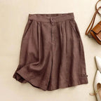 Women Shorts Linen High Waist Button Closure Loose Fit - Evergreen Outfits - Women Short