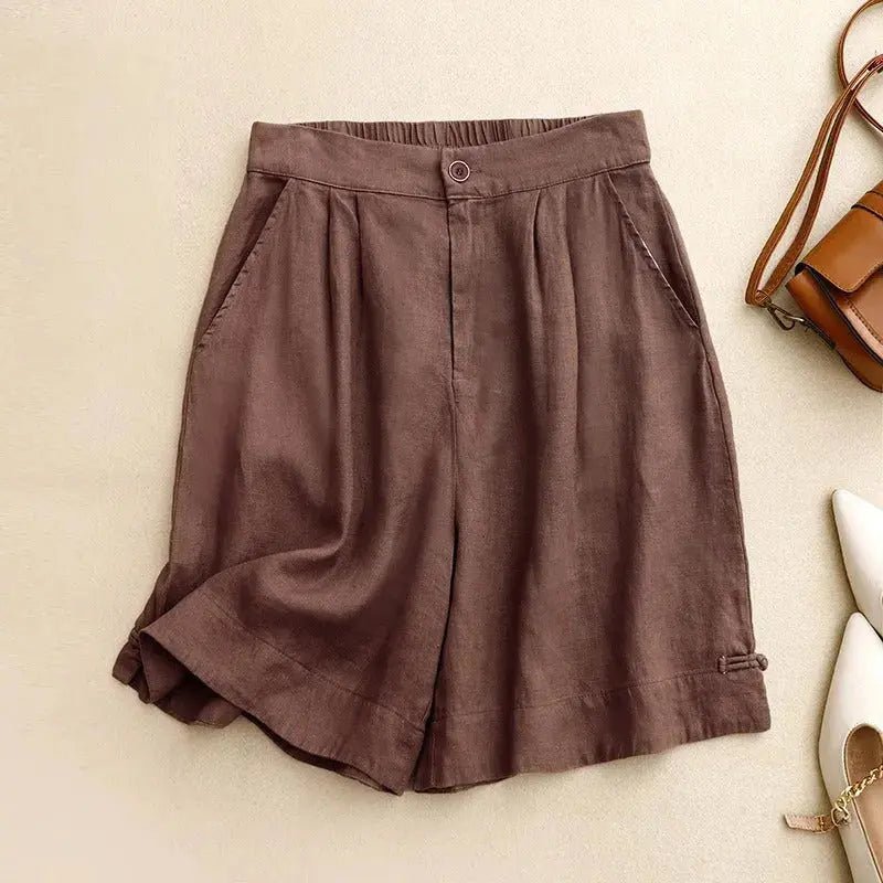 Women Shorts Linen High Waist Button Closure Loose Fit - Evergreen Outfits - Women Short
