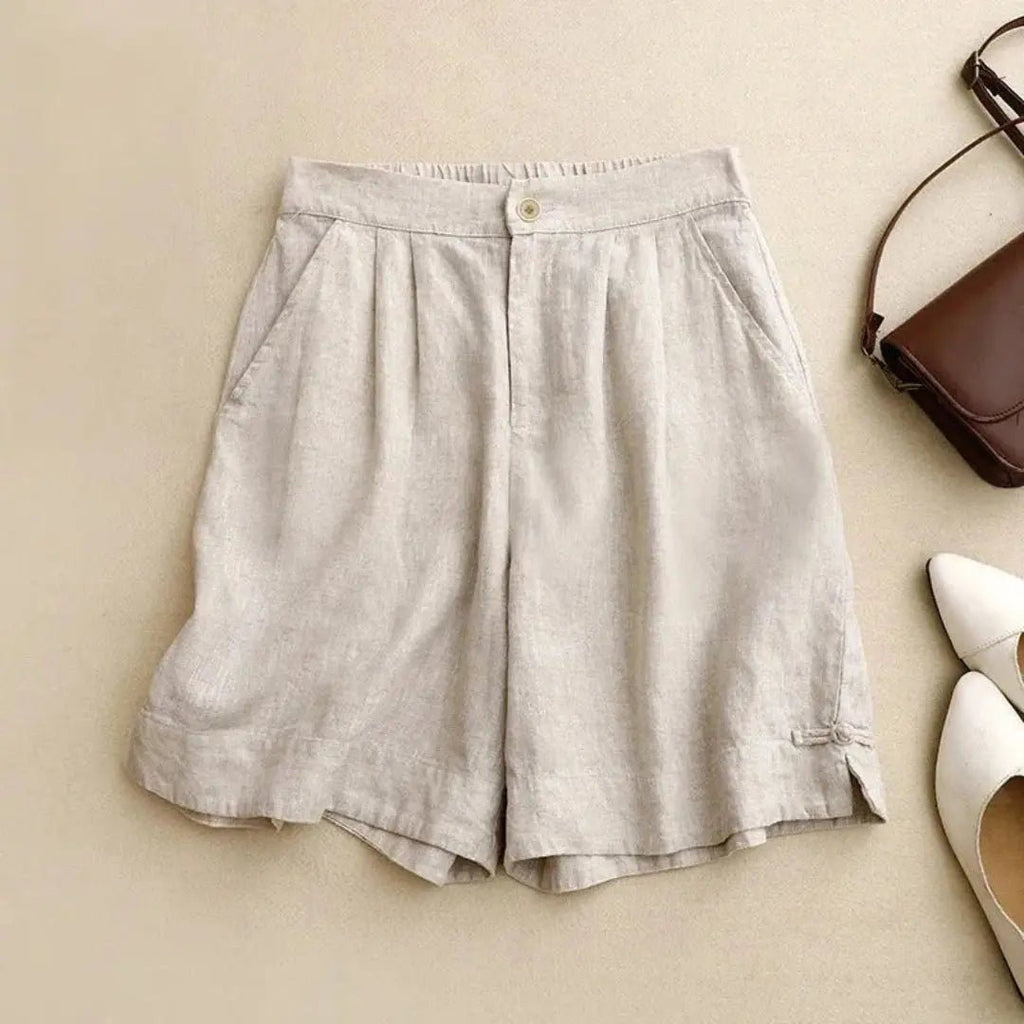 Women Shorts Linen High Waist Button Closure Loose Fit - Evergreen Outfits - Women Short