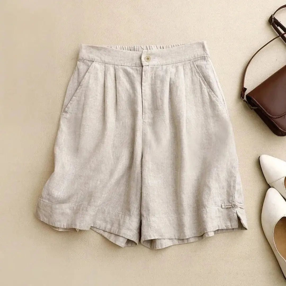 Women Shorts Linen High Waist Button Closure Loose Fit - Evergreen Outfits - Women Short