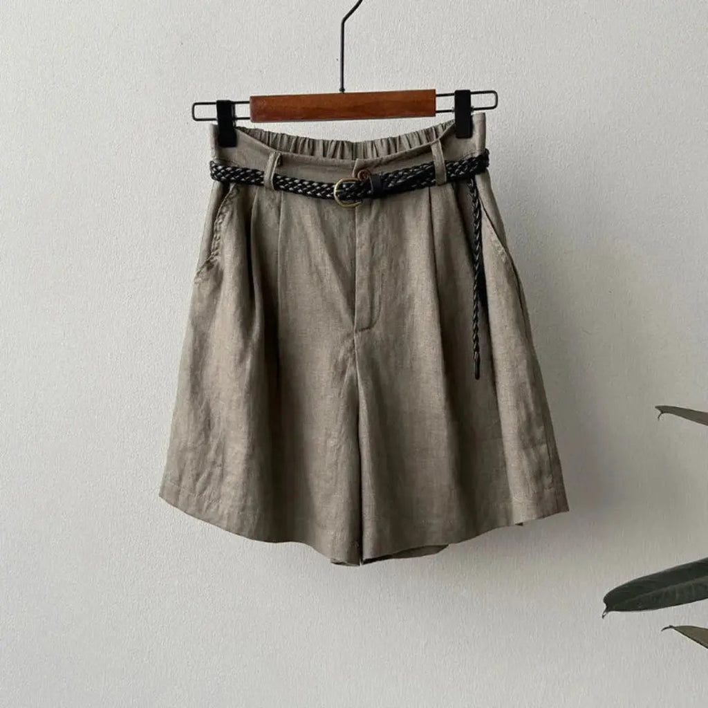 Women Shorts Linen High Waist Pleated Elastic Waistband - Evergreen Outfits - Women Short