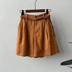 Women Shorts Linen High Waist Pleated Elastic Waistband - Evergreen Outfits - Women Short