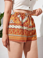 Women Shorts Plus Size Floral Print Elastic Waist Knot - Evergreen Outfits - Women Shorts