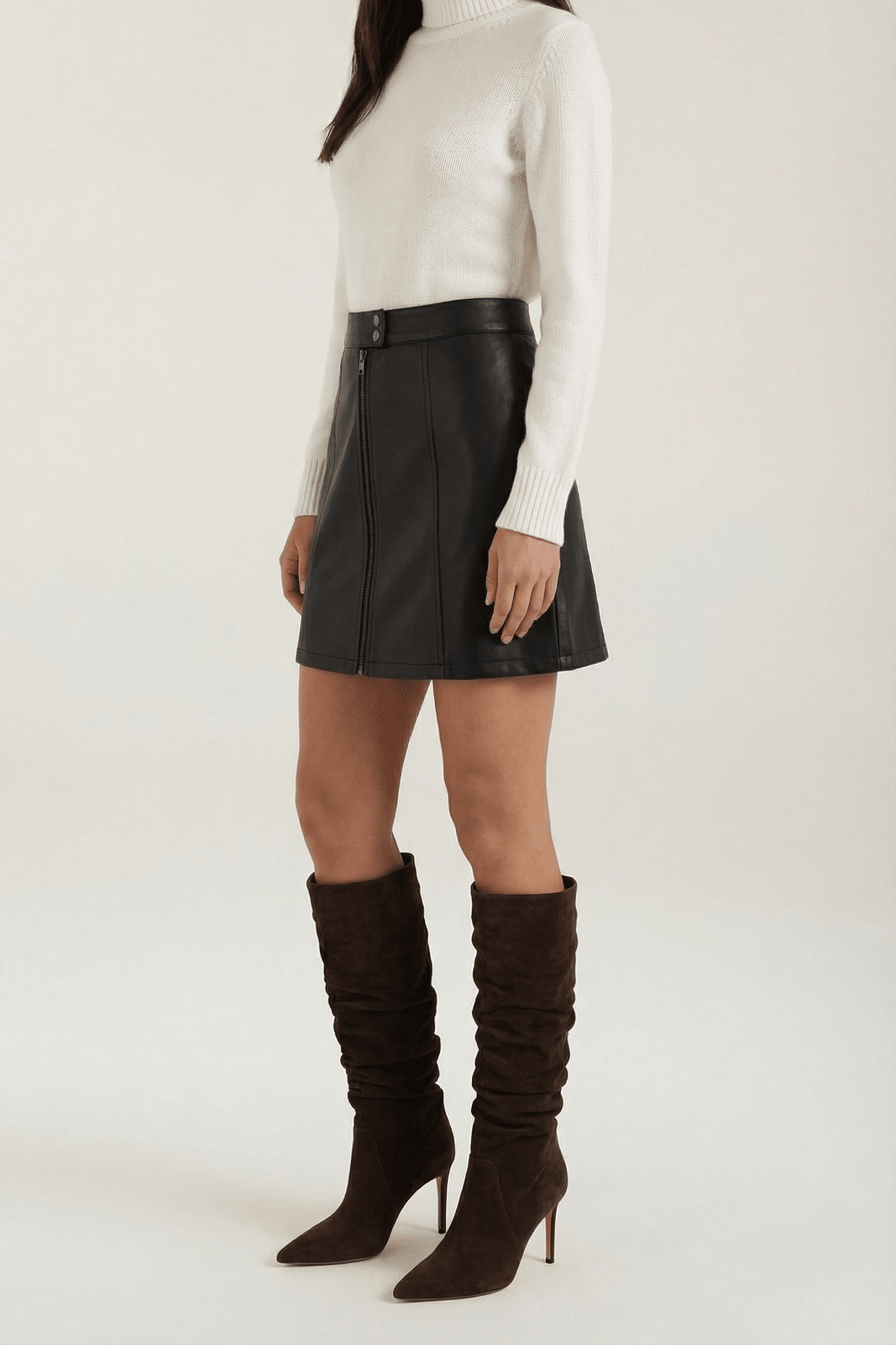 Women Skirt Mini Length High Rise Front Zip Closure - Evergreen Outfits - Women Skirt