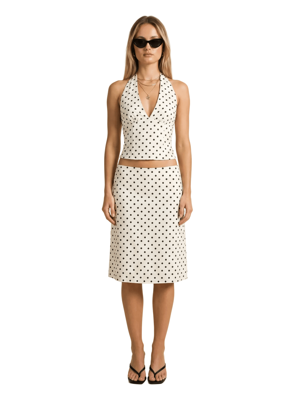 Women Skirt Set Polka Dot Halter Midi Two Piece Outfit - Evergreen Outfits - Women Set