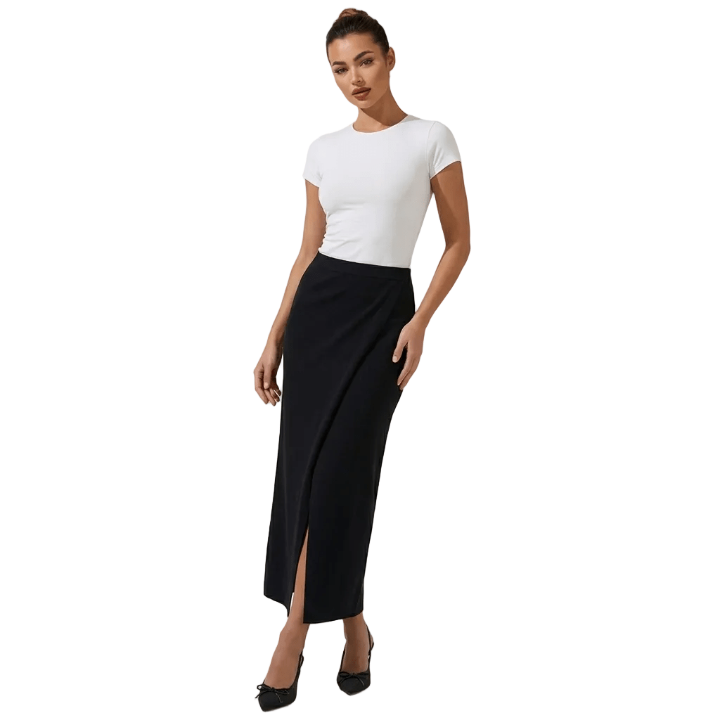 Women Skirt Wrap Closure Midi Length Overlap Design - Evergreen Outfits - Women Skirt