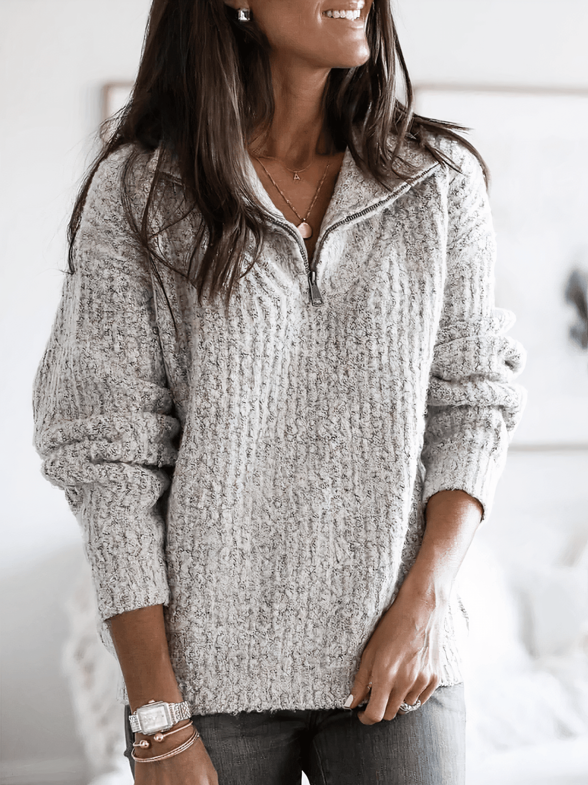 Women Sweater | Cable Knit Quarter-Zip Oversized Fit - Evergreen Outfits- Sweaters