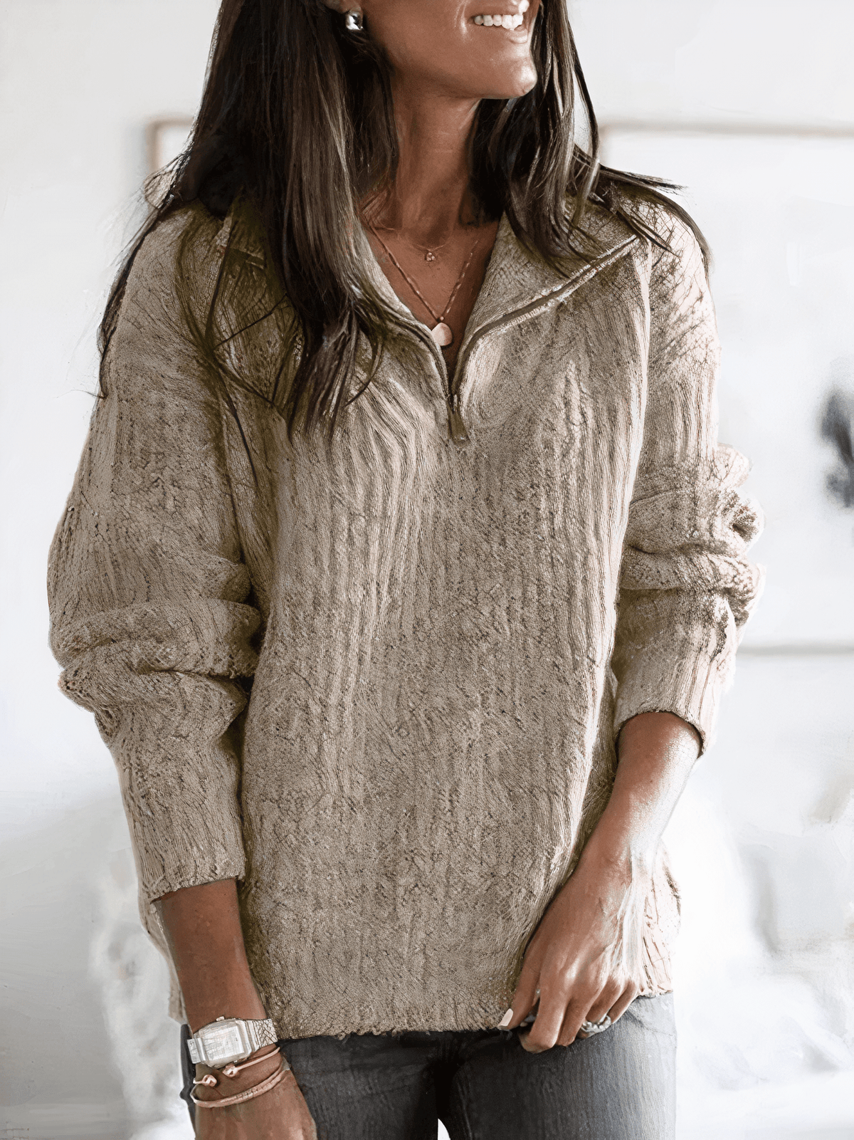 Women Sweater | Cable Knit Quarter-Zip Oversized Fit - Evergreen Outfits- Sweaters