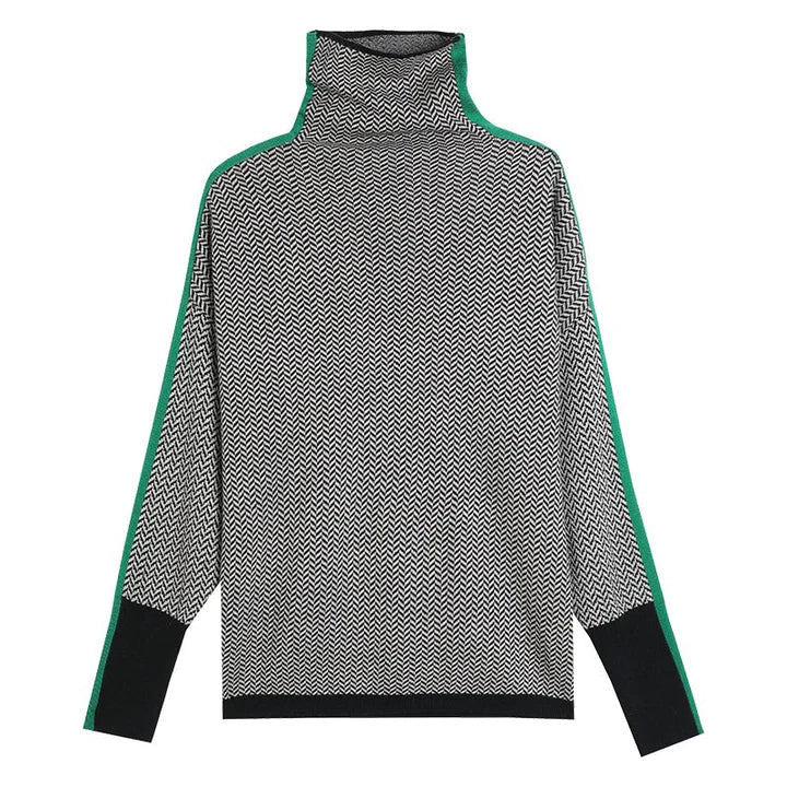 Women Sweater | Chevron Pattern Turtleneck Tailored Fit - Evergreen Outfits- Sweaters