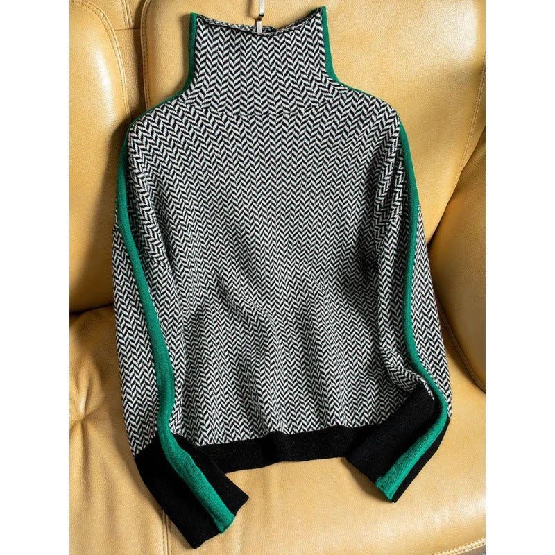 Women Sweater | Chevron Pattern Turtleneck Tailored Fit - Evergreen Outfits- Sweaters