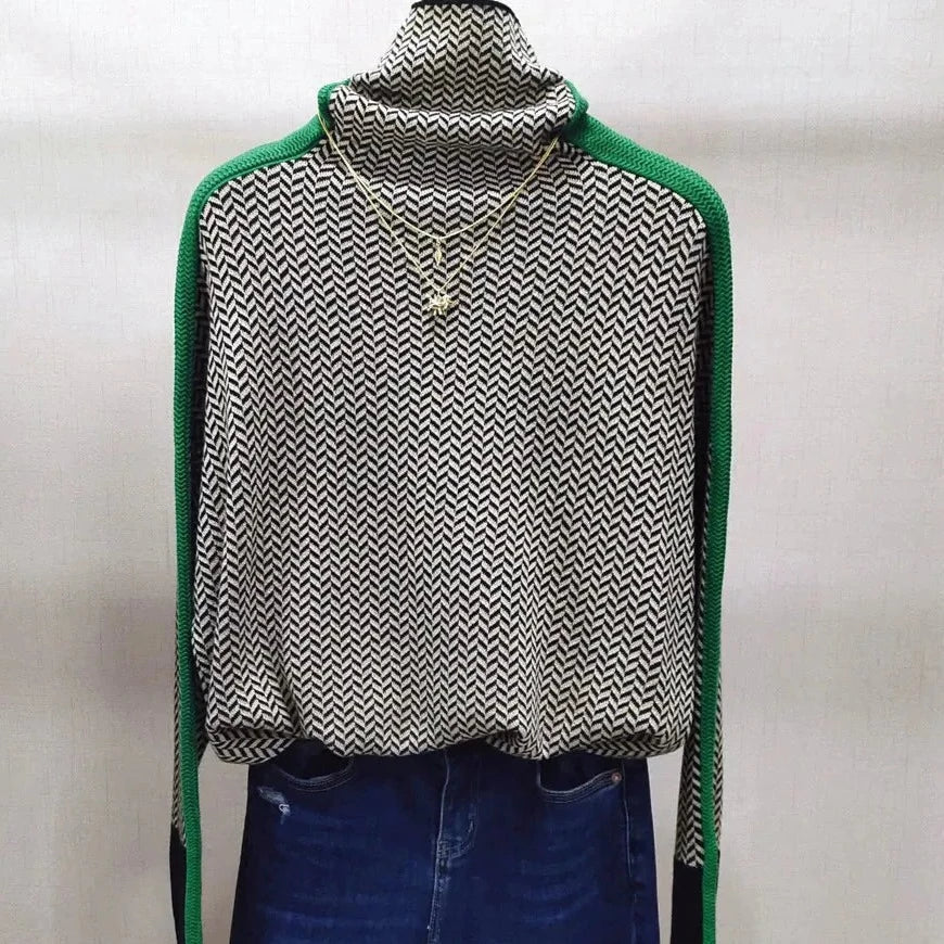 Women Sweater | Chevron Pattern Turtleneck Tailored Fit - Evergreen Outfits- Sweaters