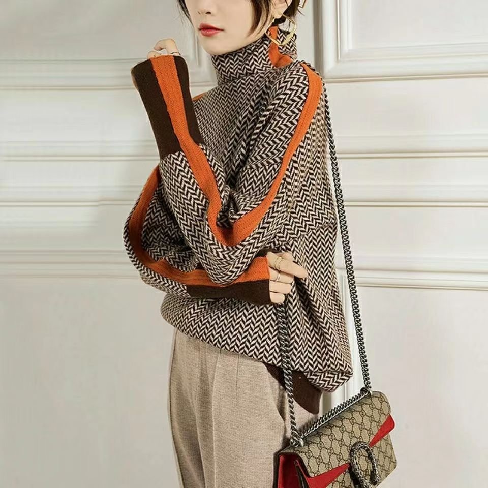 Women Sweater | Chevron Pattern Turtleneck Tailored Fit - Evergreen Outfits- Sweaters