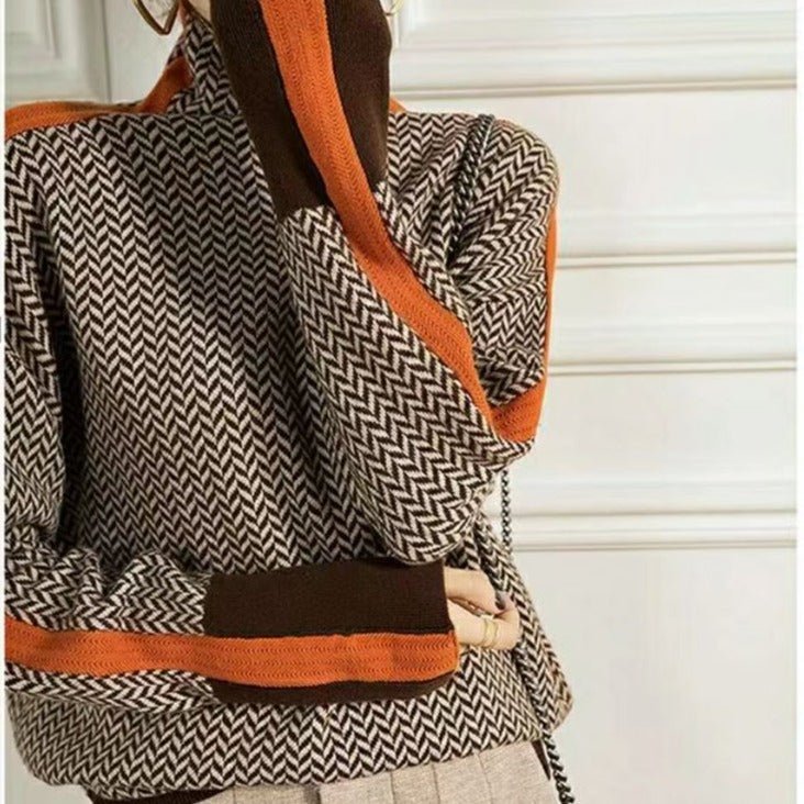 Women Sweater | Chevron Pattern Turtleneck Tailored Fit - Evergreen Outfits- Sweaters