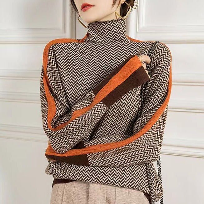 Women Sweater | Chevron Pattern Turtleneck Tailored Fit - Evergreen Outfits- Sweaters