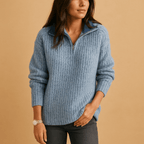 Women Sweater | Half-Zip Ribbed Knit Fitted Long Sleeve - Evergreen Outfits- Sweaters