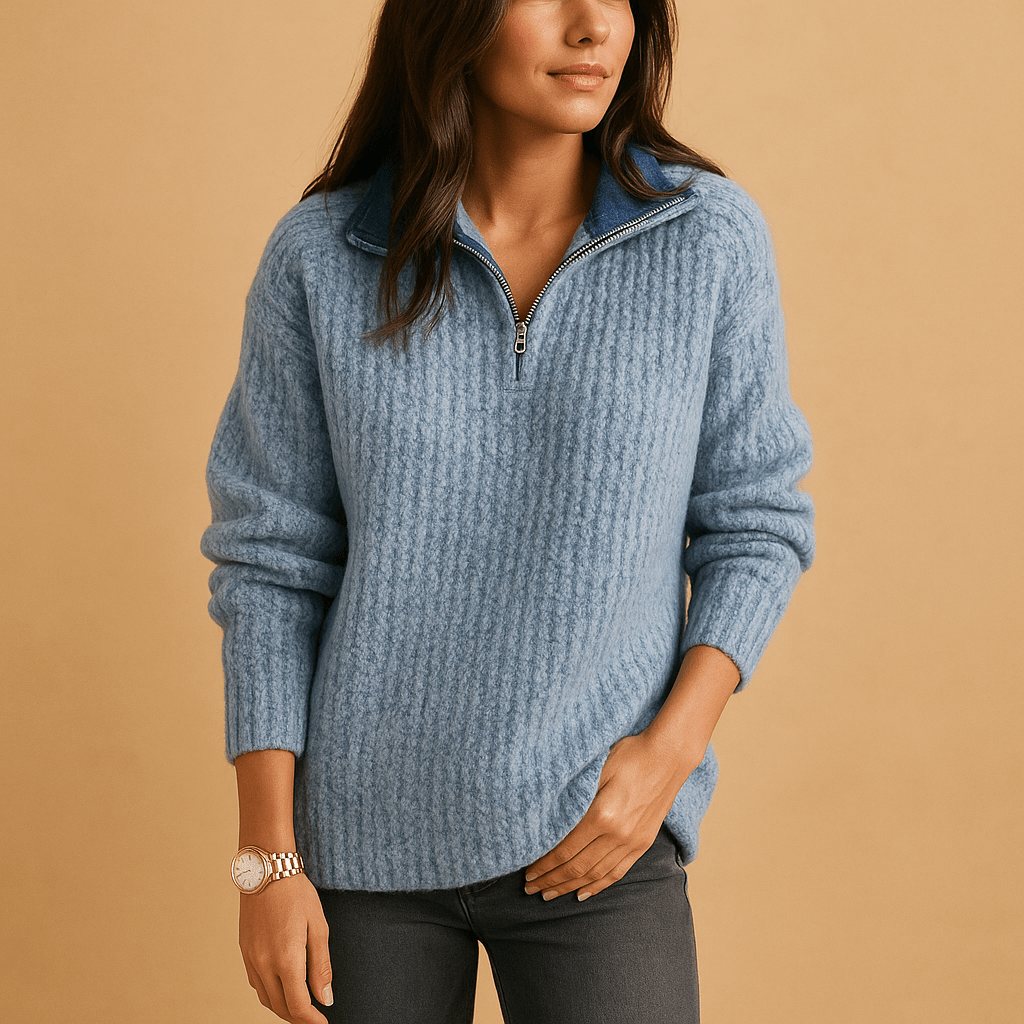 Women Sweater | Half-Zip Ribbed Knit Fitted Long Sleeve - Evergreen Outfits- Sweaters