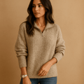 Women Sweater | Half-Zip Ribbed Knit Fitted Long Sleeve - Evergreen Outfits- Sweaters