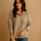 Women Sweater | Half-Zip Ribbed Knit Fitted Long Sleeve - Evergreen Outfits- Sweaters