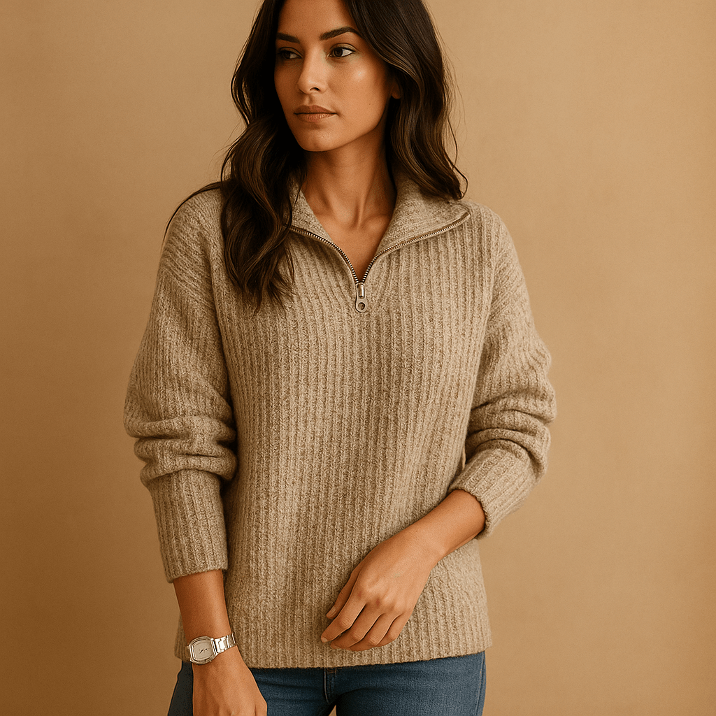Women Sweater | Half-Zip Ribbed Knit Fitted Long Sleeve - Evergreen Outfits- Sweaters