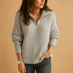 Women Sweater | Half-Zip Ribbed Knit Fitted Long Sleeve - Evergreen Outfits- Sweaters
