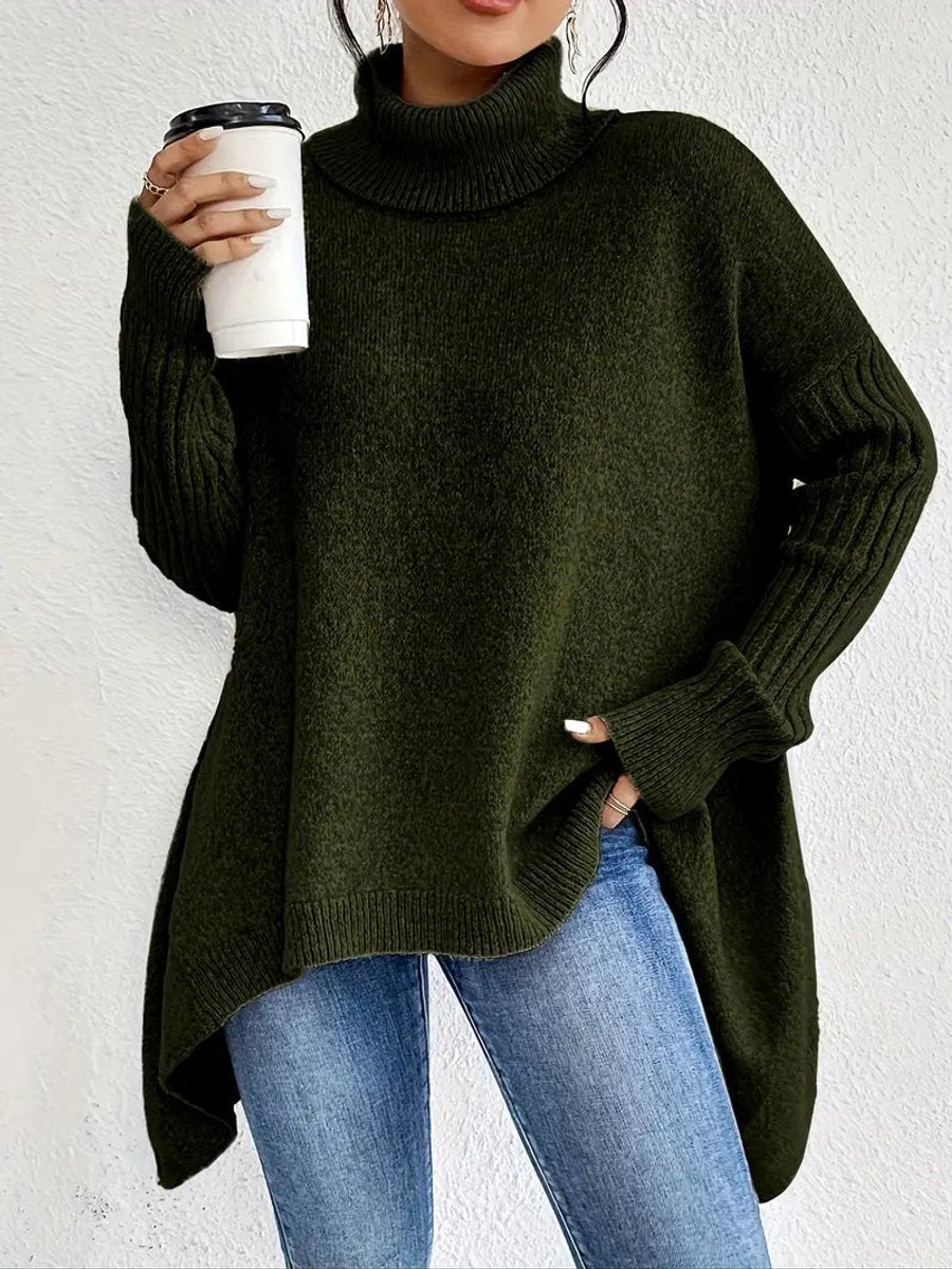 Women Sweater | Oversized Turtleneck with Longline Hem - Evergreen Outfits- Sweaters