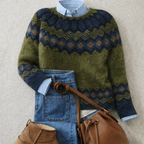 Women Sweater | Relaxed Fit with Fair Isle Yoke Pattern - Evergreen Outfits- Sweaters