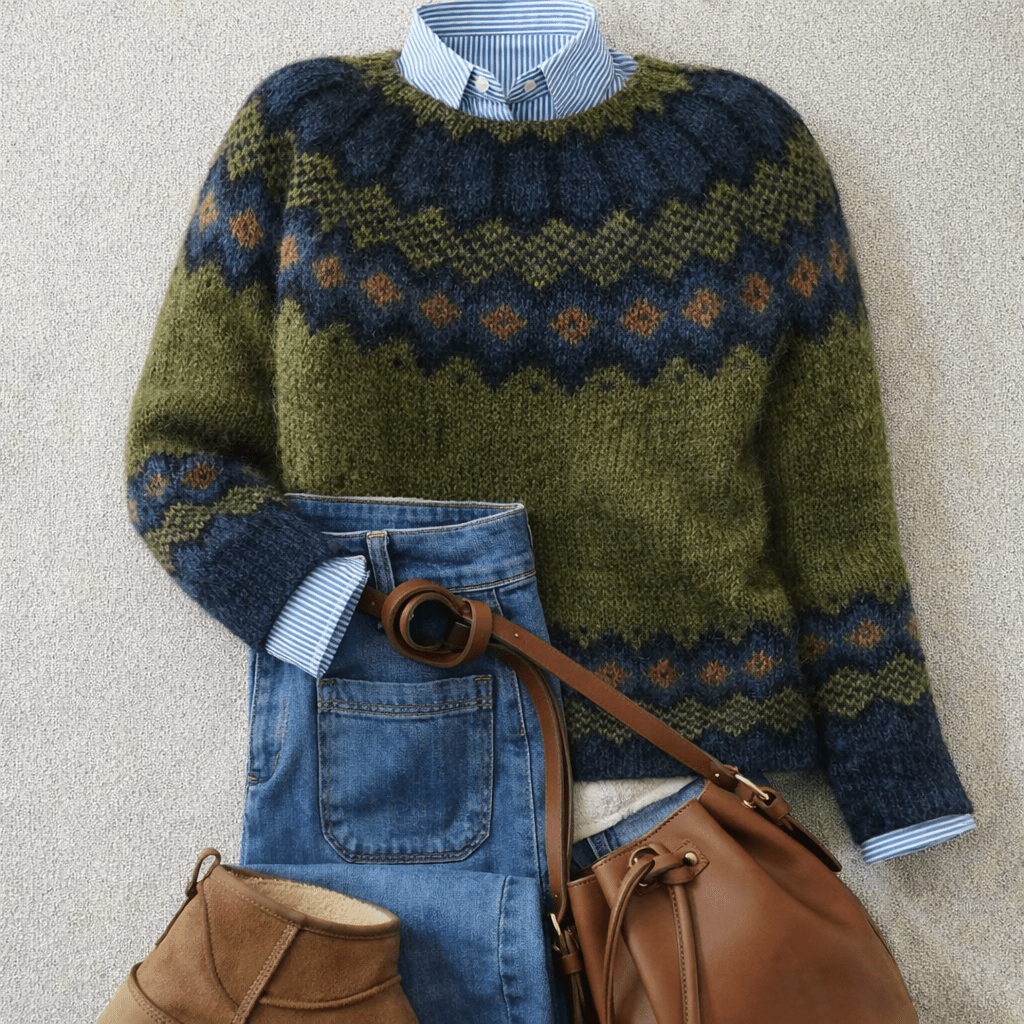 Women Sweater | Relaxed Fit with Fair Isle Yoke Pattern - Evergreen Outfits- Sweaters