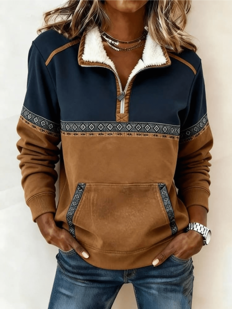 Women Sweater | Relaxed Fit with Quarter-Zip Fair Isle Detail - Evergreen Outfits- Sweaters