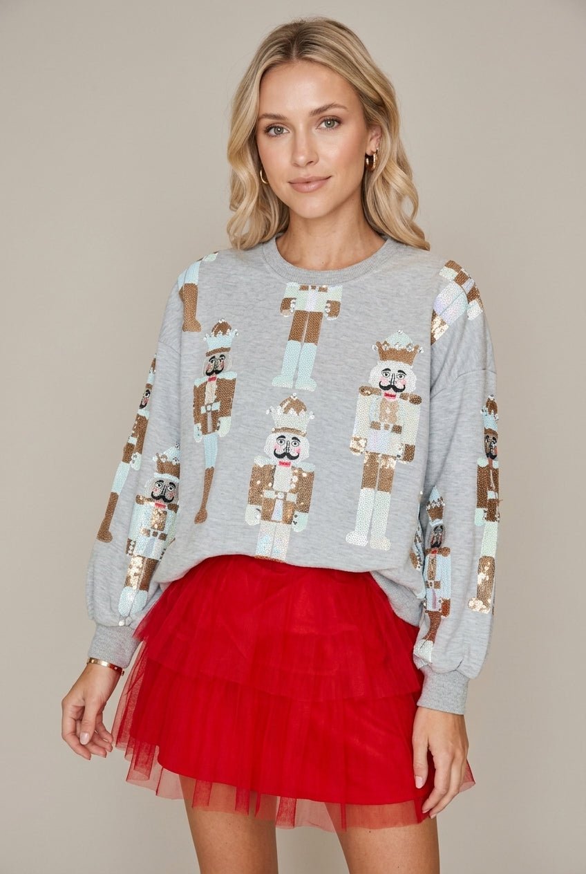Women Sweater | Relaxed Fit with Sequin Nutcracker Front - Evergreen Outfits- Sweaters