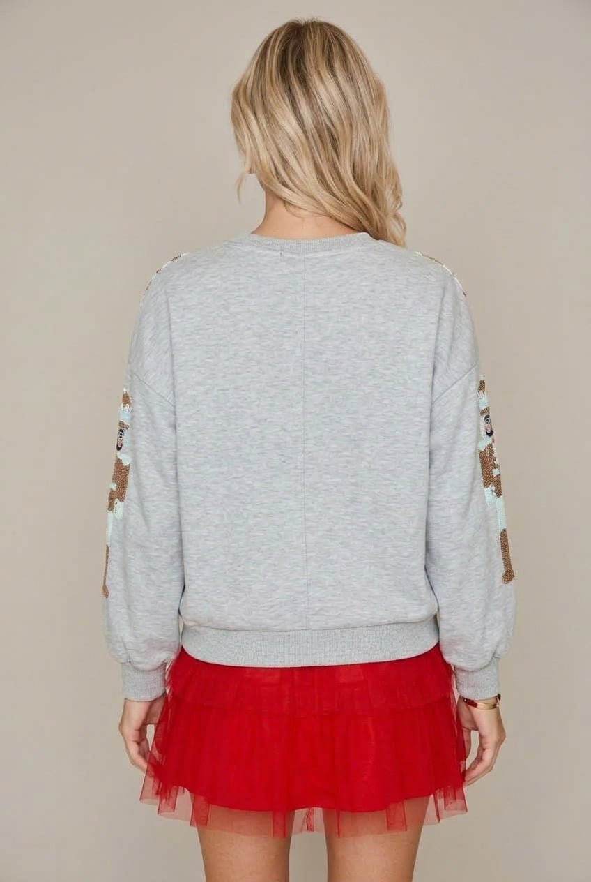 Women Sweater | Relaxed Fit with Sequin Nutcracker Front - Evergreen Outfits- Sweaters