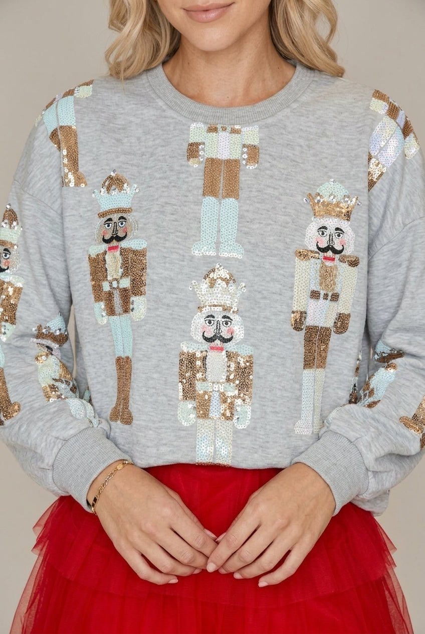 Women Sweater | Relaxed Fit with Sequin Nutcracker Front - Evergreen Outfits- Sweaters