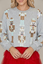 Women Sweater | Relaxed Fit with Sequin Nutcracker Front - Evergreen Outfits- Sweaters