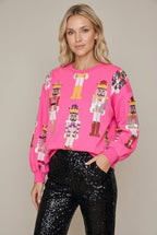 Women Sweater | Relaxed Fit with Sequin Nutcracker Front - Evergreen Outfits- Sweaters