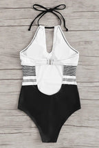 Women Swimsuit Halter Keyhole Neckline Striped One Piece - Evergreen Outfits - Women Swimwear