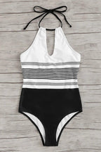 Women Swimsuit Halter Keyhole Neckline Striped One Piece - Evergreen Outfits - Women Swimwear