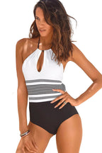 Women Swimsuit Halter Keyhole Neckline Striped One Piece - Evergreen Outfits - Women Swimwear
